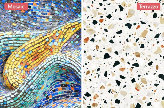 What is the difference between mosaic and terrazzo flooring?