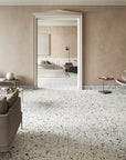 Matte beige terrazzo tiles provide a natural stone texture to interiors