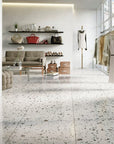 Sophisticated stone look terrazzo tiles for a timeless patio design