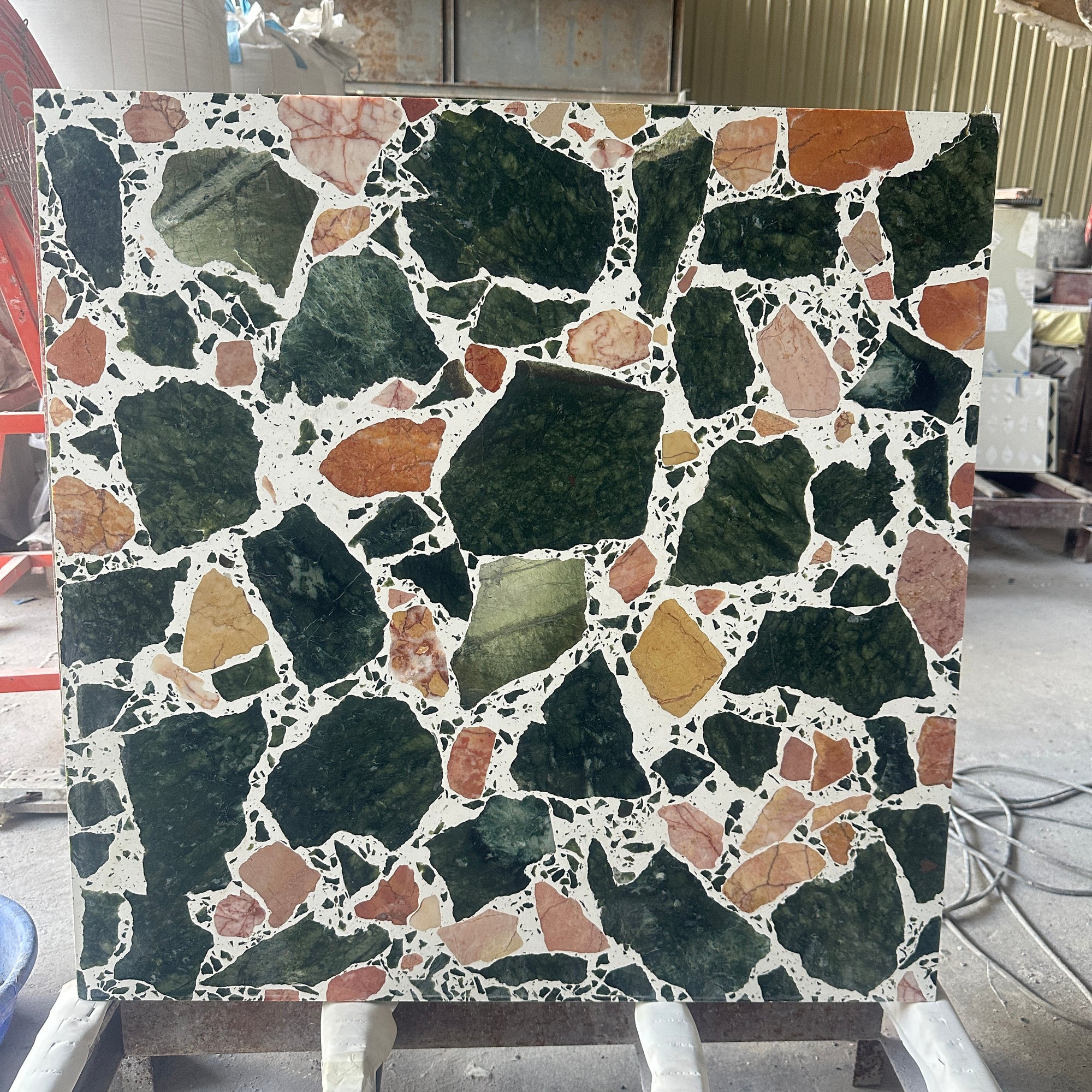 Small fresh large flower green mosaic terrazzo floor decorative panel