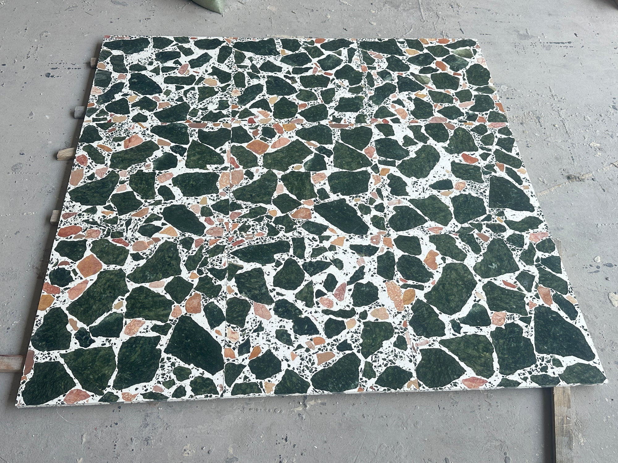 Small fresh large flower green mosaic terrazzo floor decorative panel